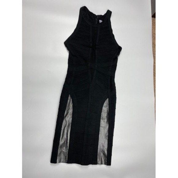 Herve Leger Dresses & Skirts - Herve Leger Black Bandage Dress Metallic Silver Panels Mesh Bodycon Small